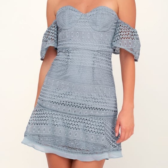 Bardot Dresses & Skirts - Dusty Blue Lace Off-the-Shoulder Dress